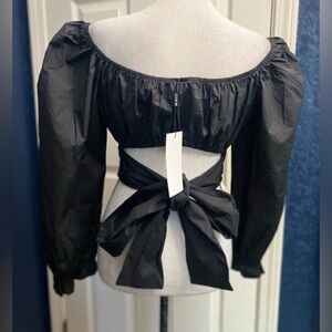 Black Puff-Sleeve Tie-Back Crop Blouse